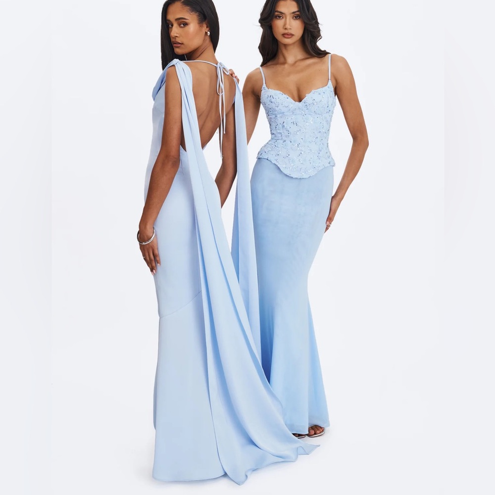 Eira Mist Blue Cowl Scarf-Detail Mermaid Maxi Dress
